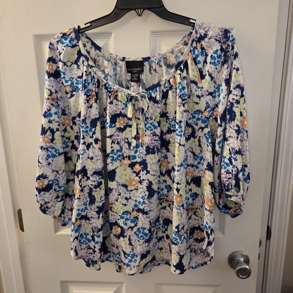 Cynthia Rowley sz 2X 100% rayon colorful artsy top boatneck lightweight flowy‎